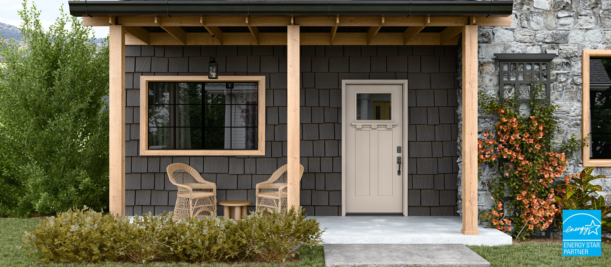 This image depicts a house with a beige front door from Masonite.