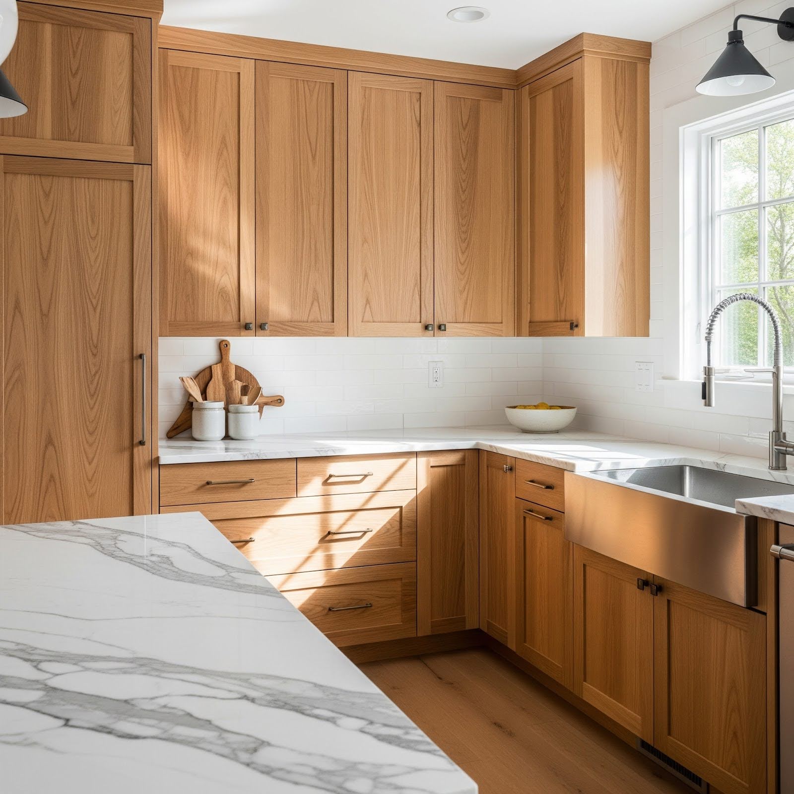 A modern kitchen has wooden cabinets, a subway tile backsplash and marble countertops.