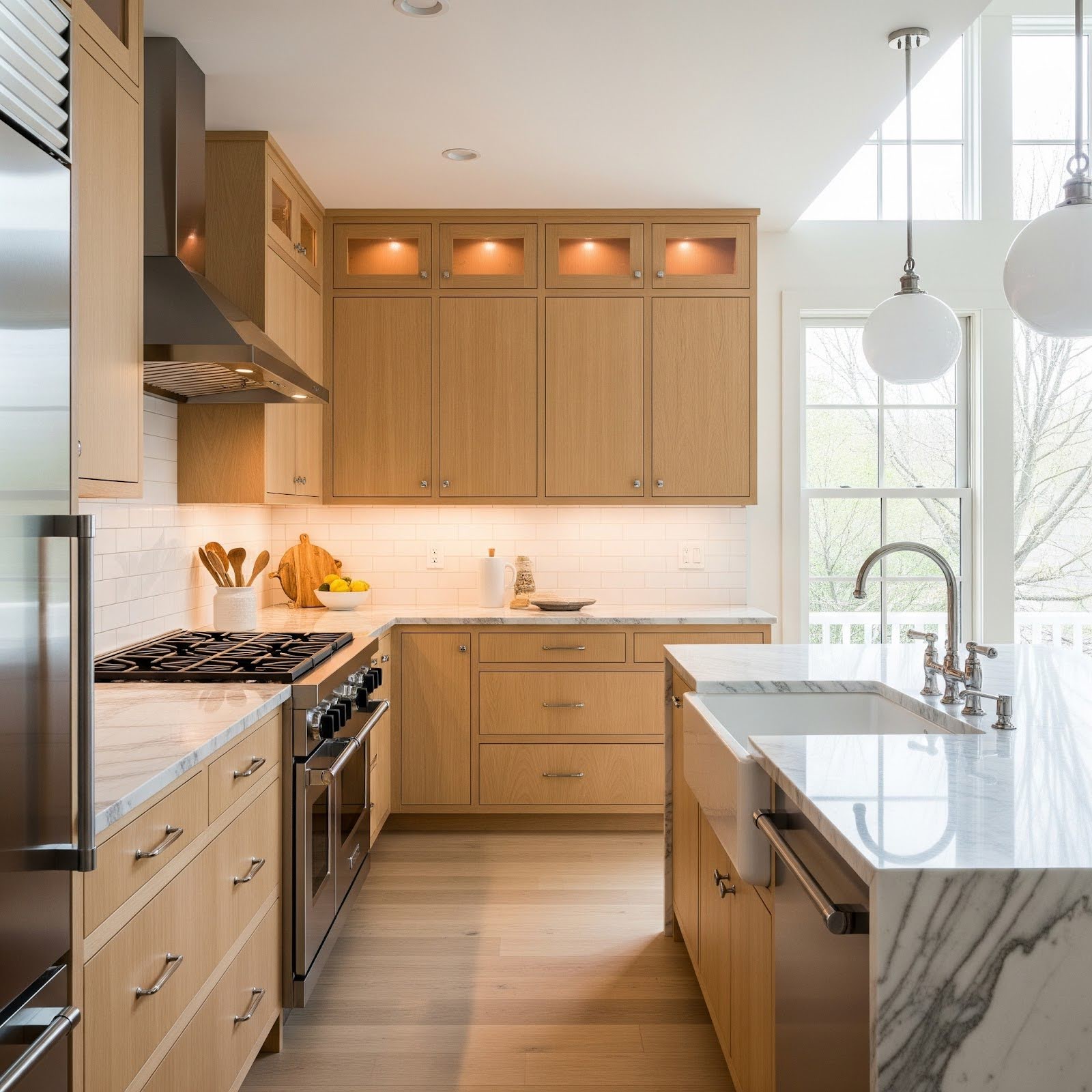A modern kitchen has light wooden cabinets, marble countertops and a tile backsplash with chrome hardware.