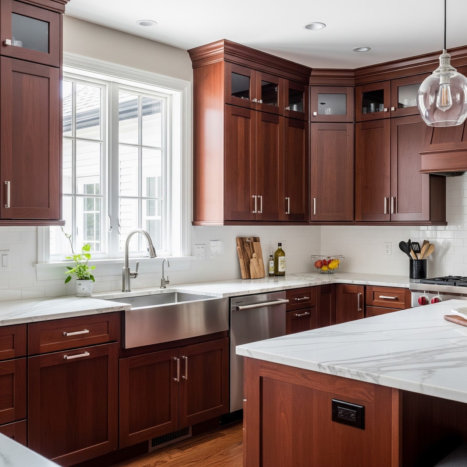 A kitchen has dark wooden cabinets, quartz countertops and a subway tile backsplash.