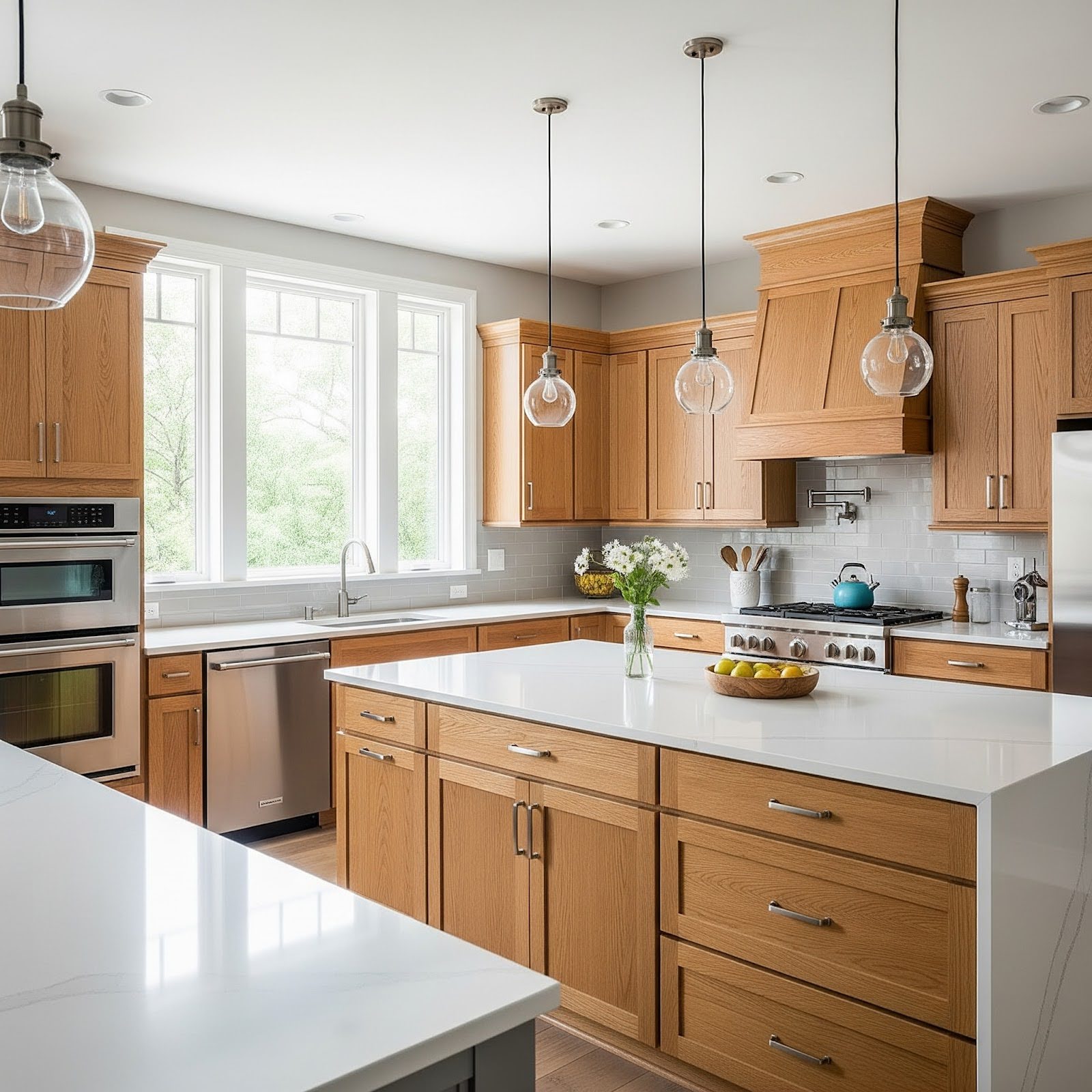 A kitchen has wooden cabinets, quartz countertops and stainless steel appliances for a traditional look.