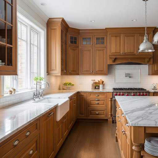 A kitchen has classic wooden cabinets and marble countertops for a classic look.